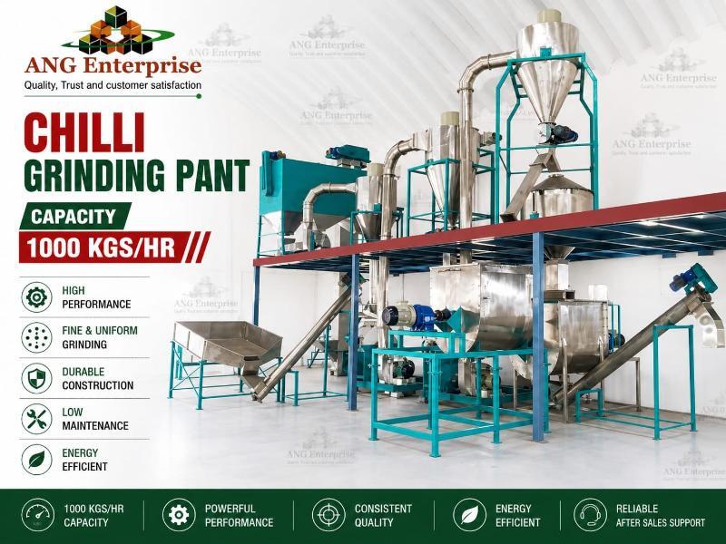 Commercial Chilli Grinding Plant - Stainless Steel, 1000 kgs/hr, Green & Silver | Fully Automatic, Cyclone Dust Collector, Bucket Elevator, Overload Protection, Integrated Cleaning
