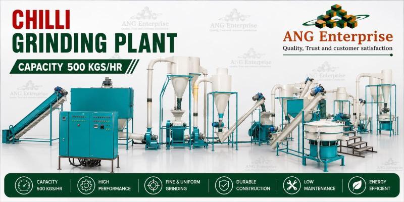 Industrial Chilli Grinding Plant - Stainless Steel, Modular, Teal Blue & White | Automatic Feeding, Dust-Free Cyclone Separator, Cooling Air Blower