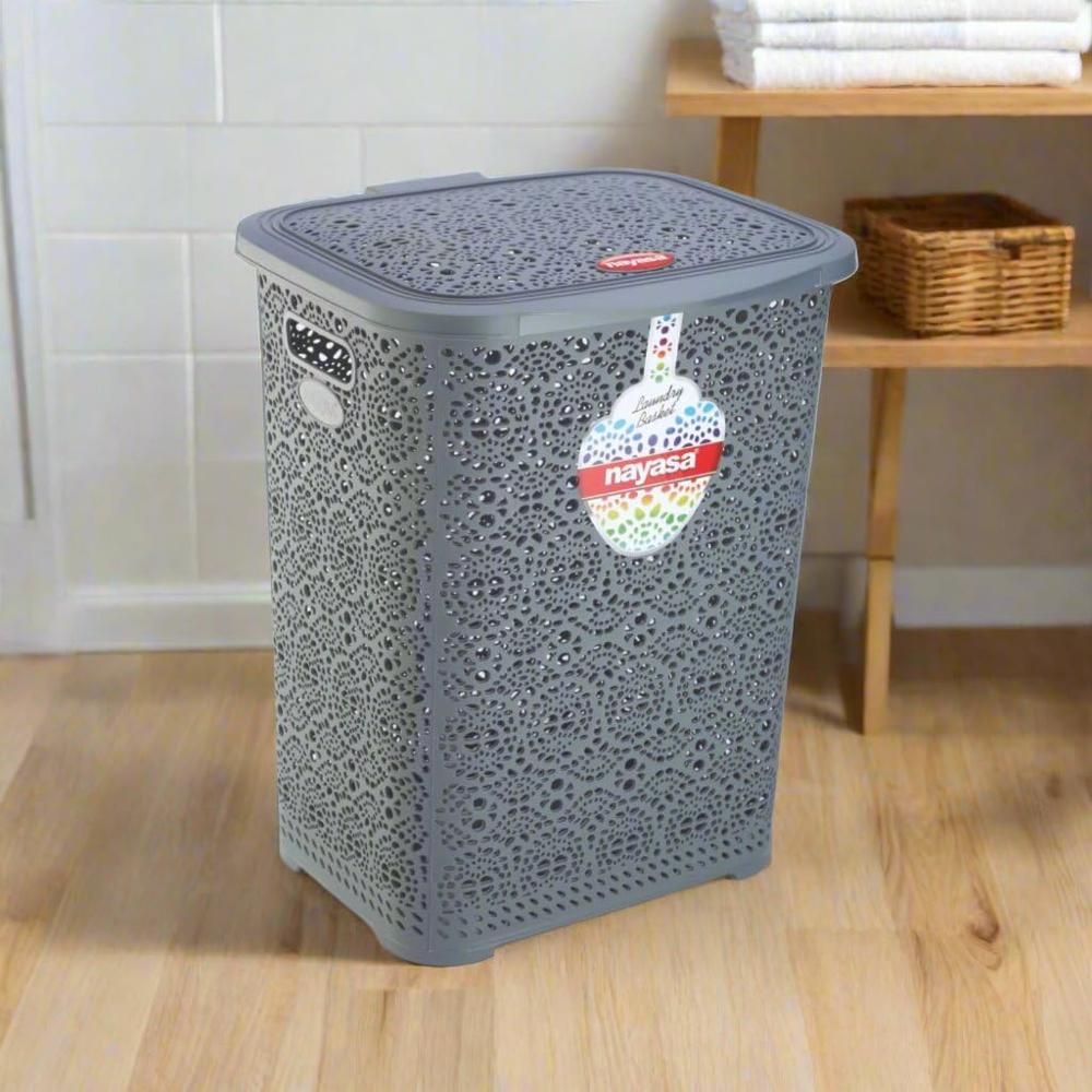 Nayasa Flower 35 Ltrs Plastic Laundry Basket With Lid, Laundry Basket Plastic Clothes Hamper, Storage Bags For Clothes Organizer For Home Decor & Bedroom Accessories, Ivory - Color: Multicolor