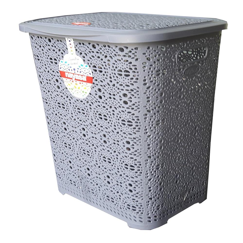 Nayasa Flower 35 Ltrs Plastic Laundry Basket with Lid, Laundry Basket Plastic Clothes Hamper, Storage Bags for Clothes Organizer for Home Decor & Bedroom Accessories, Ivory