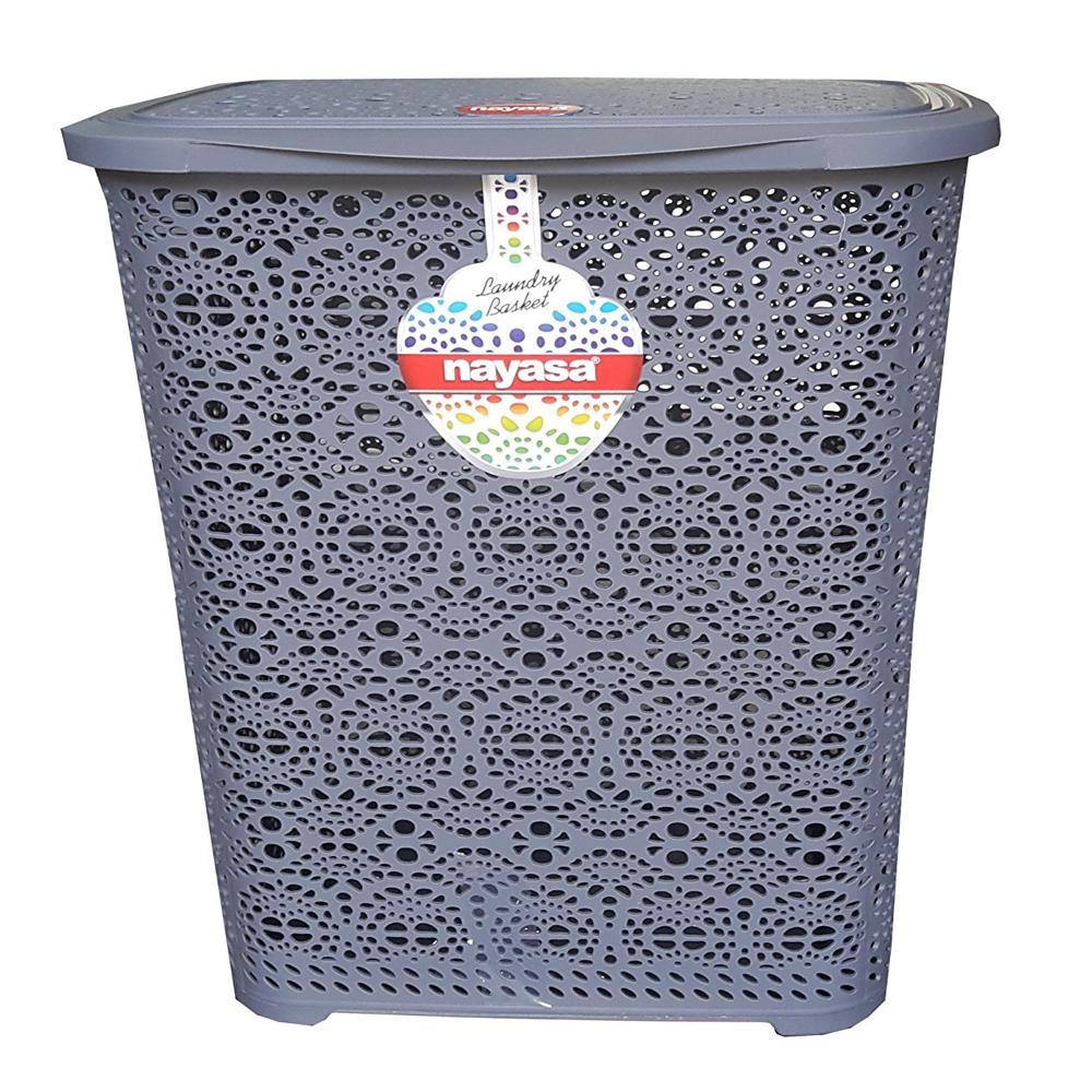 Nayasa Flower 64 Ltrs Plastic Laundry Basket with Lid, Laundry Basket Plastic Clothes Hamper, Storage Bags for Clothes Organizer for Home Decor & Bedroom Accessories, Ivory