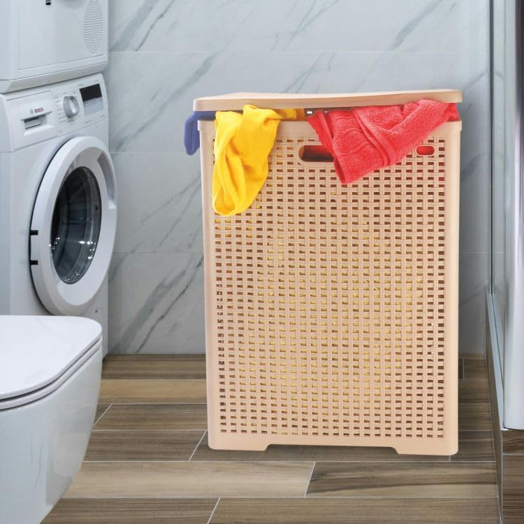 Nayasa Plastic Foldable Laundry Basket 50.5 Liters For Clothes With Lid | Laundry Bag For Clothes | Lightweight Yet Sturdy | Clothes Basket | Multipurpose Basket For Storage | (sweety) Cream - Color: Multicolor