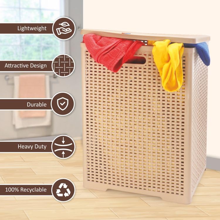 Nayasa Plastic Foldable Laundry Basket 50.5 Liters for Clothes with Lid | Laundry Bag for Clothes | Lightweight Yet Sturdy | Clothes Basket | Multipurpose Basket for Storage | (Sweety) Cream