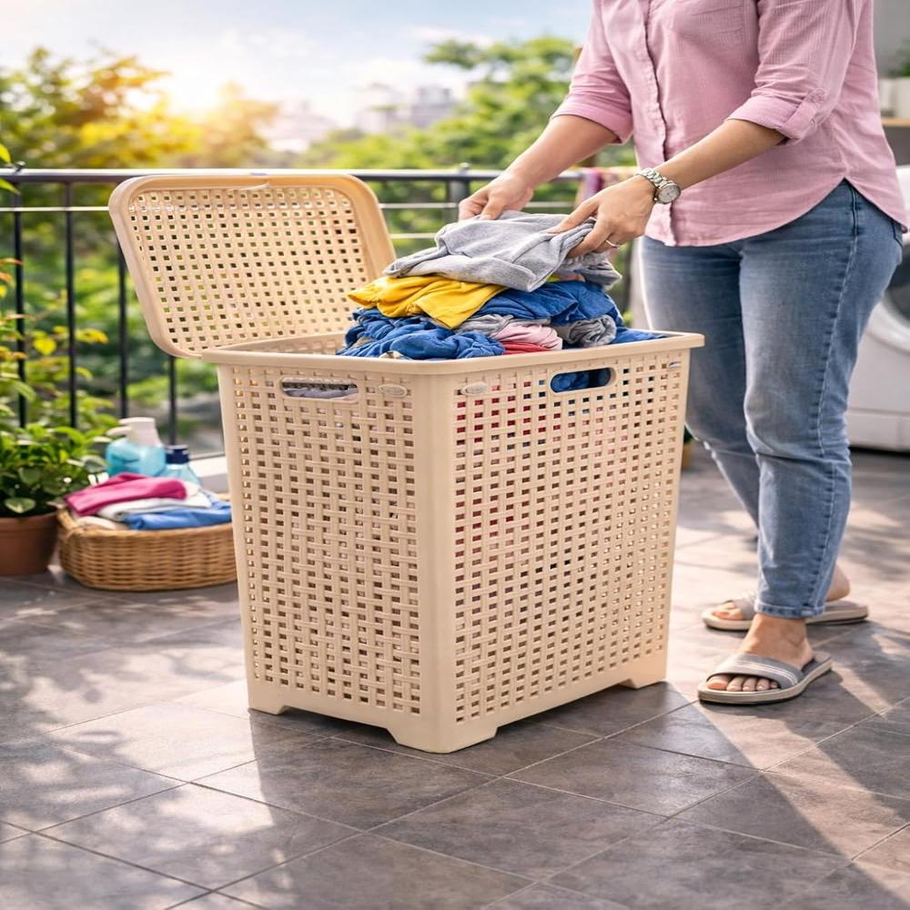 Nayasa Plastic Foldable Laundry Basket 50.5 Liters for Clothes with Lid | Laundry Bag for Clothes | Lightweight Yet Sturdy | Clothes Basket | Multipurpose Basket for Storage | (Sweety) Cream
