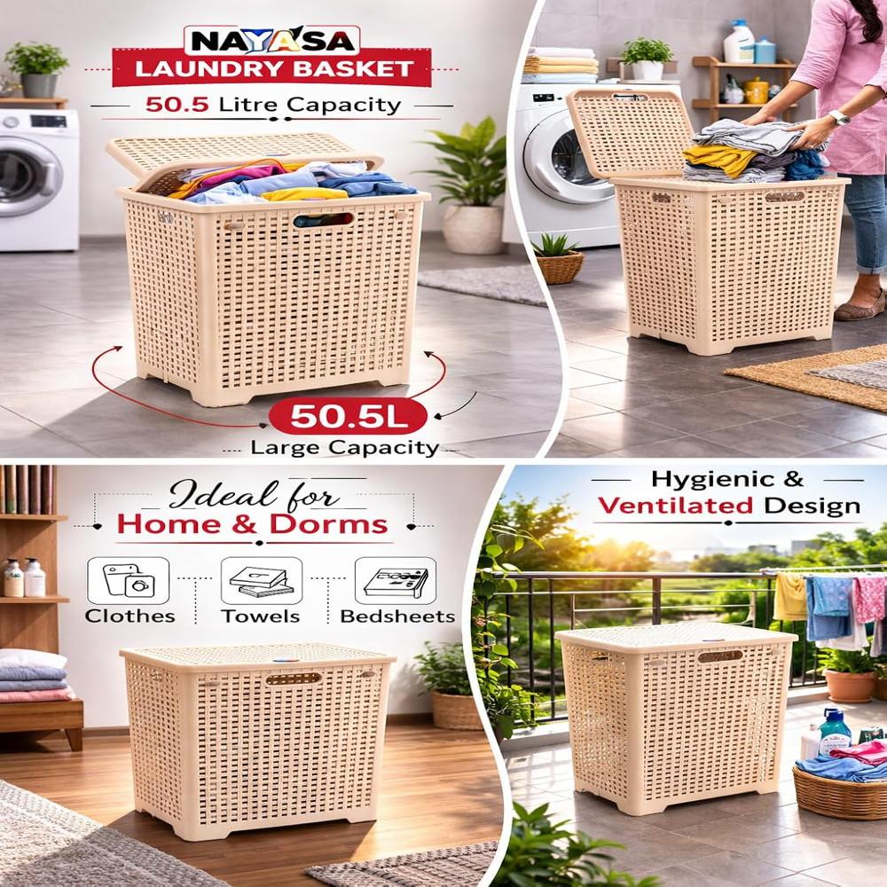 Nayasa Plastic Foldable Laundry Basket 50.5 Liters for Clothes with Lid | Laundry Bag for Clothes | Lightweight Yet Sturdy | Clothes Basket | Multipurpose Basket for Storage | (Sweety) Cream