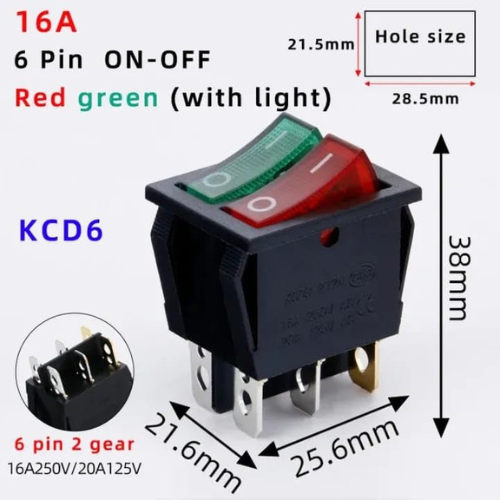 KCDB-212N 6 Pin Dual Illuminated Rocker Power Switch (Red & Green)