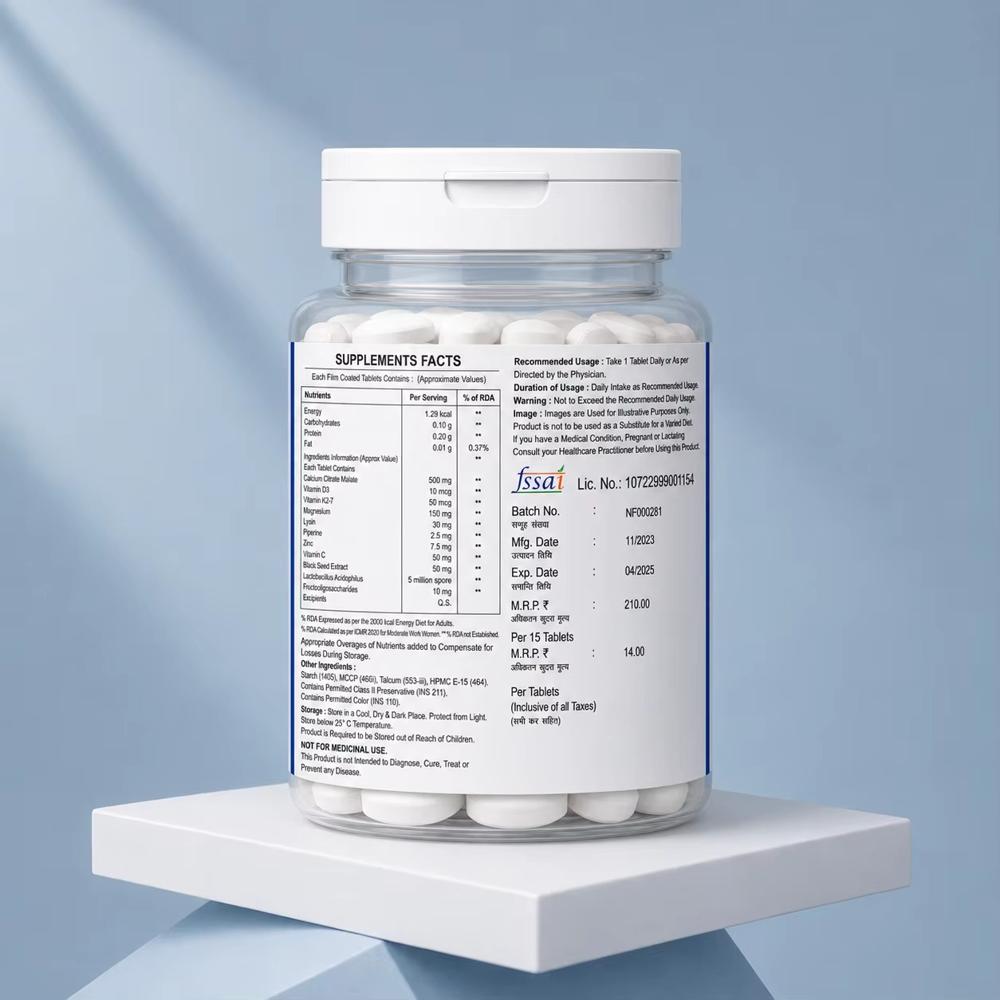 Calcium Citrate Malate, Calcitriol, L- Methyl Folate, Cyanocobalamin, Vitamin K2-7, Magnesium & Zinc Tablets