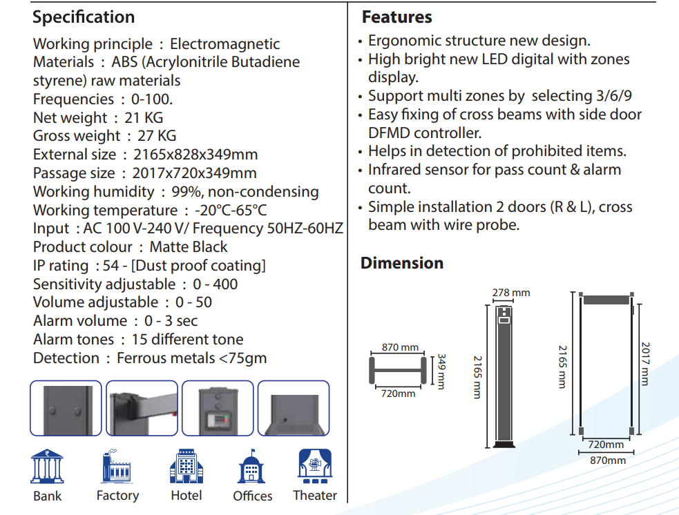 D270-9-IP54 Walk through Metal Detector - 9 zone Door Side Controller