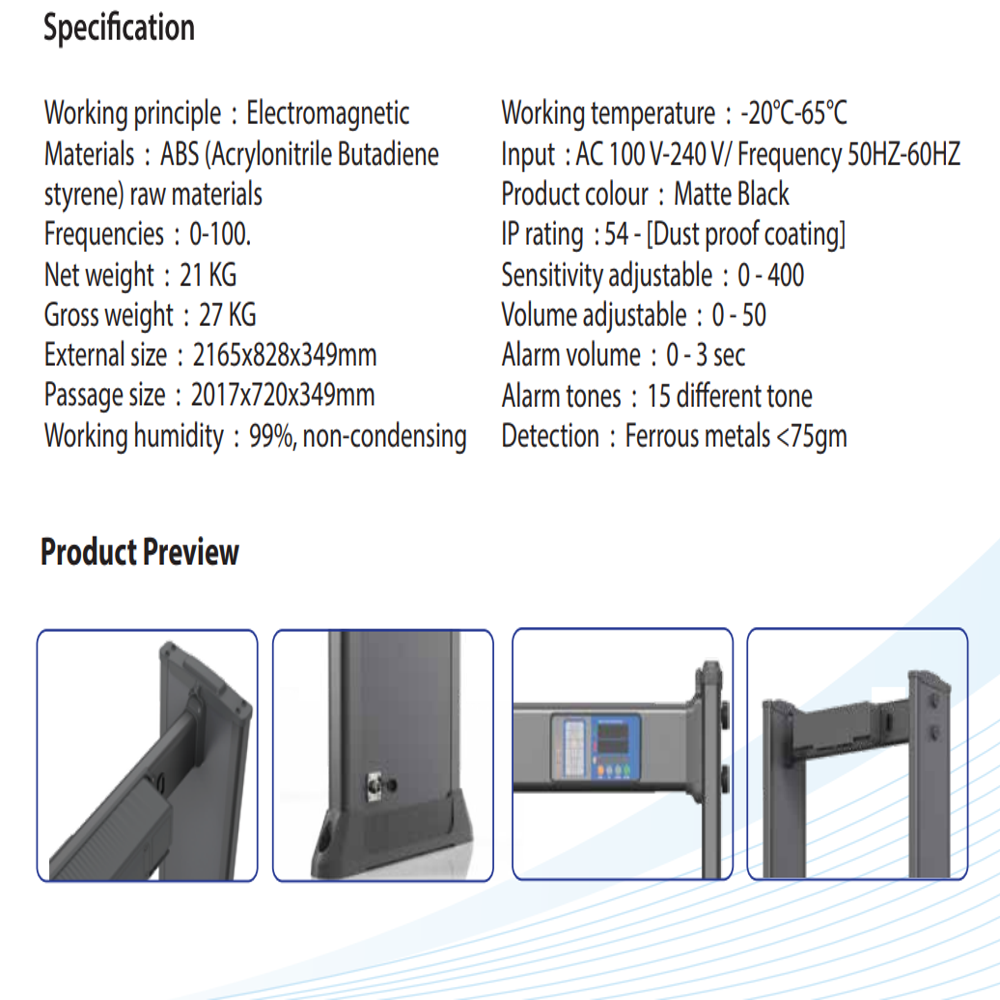 D270-18-IP54 IP54 based 18 Zone Door frame metal detector