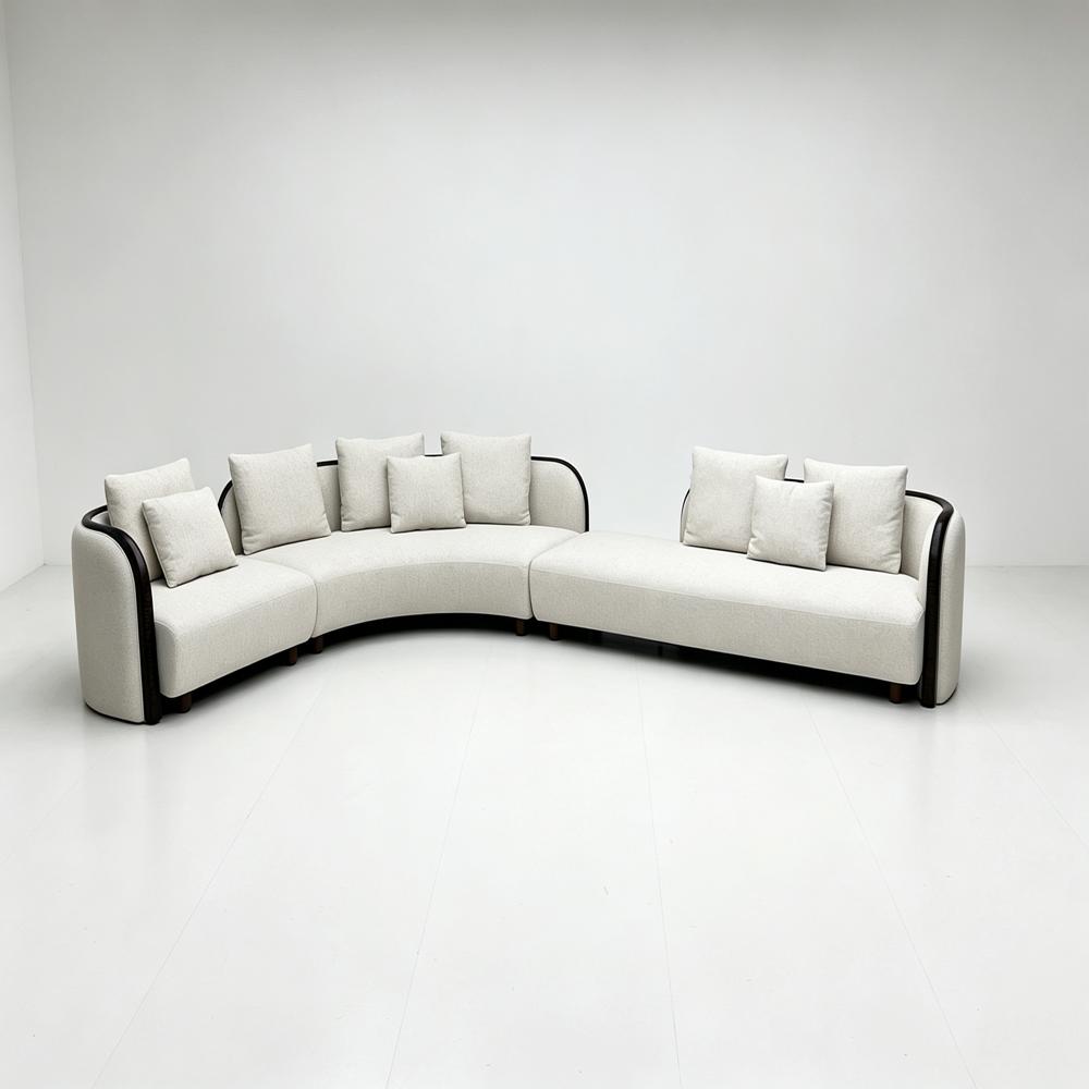 Minimalist Curved Modular Fabric Sofa with Solid Wood Trim