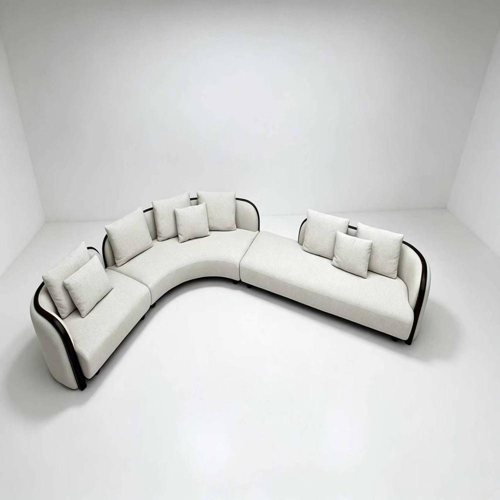 Minimalist Curved Modular Fabric Sofa with Solid Wood Trim