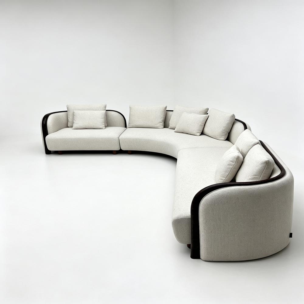 Minimalist Curved Modular Fabric Sofa with Solid Wood Trim