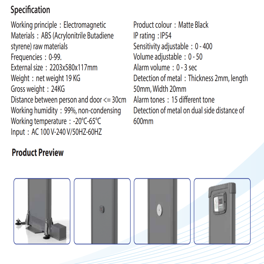 D468-6 6 Zone Single Door Panel Walk through Metal Detector