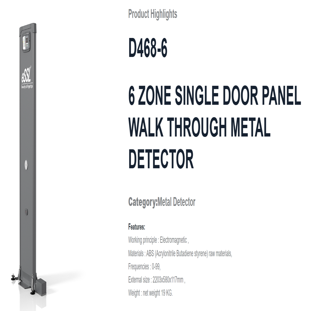 D468-6 6 Zone Single Door Panel Walk through Metal Detector