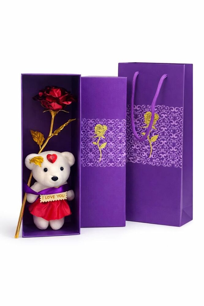 Golden Red Rose Valentine Gift with Teddy Bear And Love Stand
