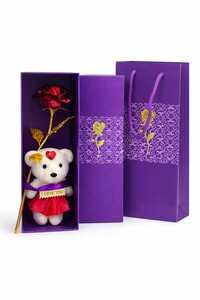 Golden Red Rose Valentine Gift with Teddy Bear And Love Stand