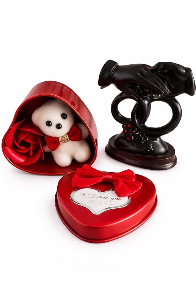 Romantic Golden Red Rose Gift with Teddy Bear And Love Stand