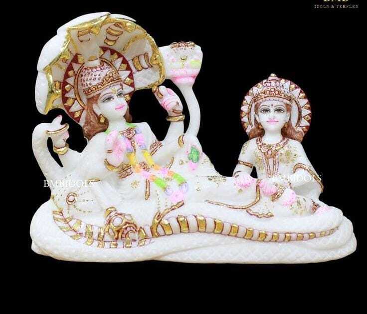 White Lord Vishnu Laxmi Marble Statue