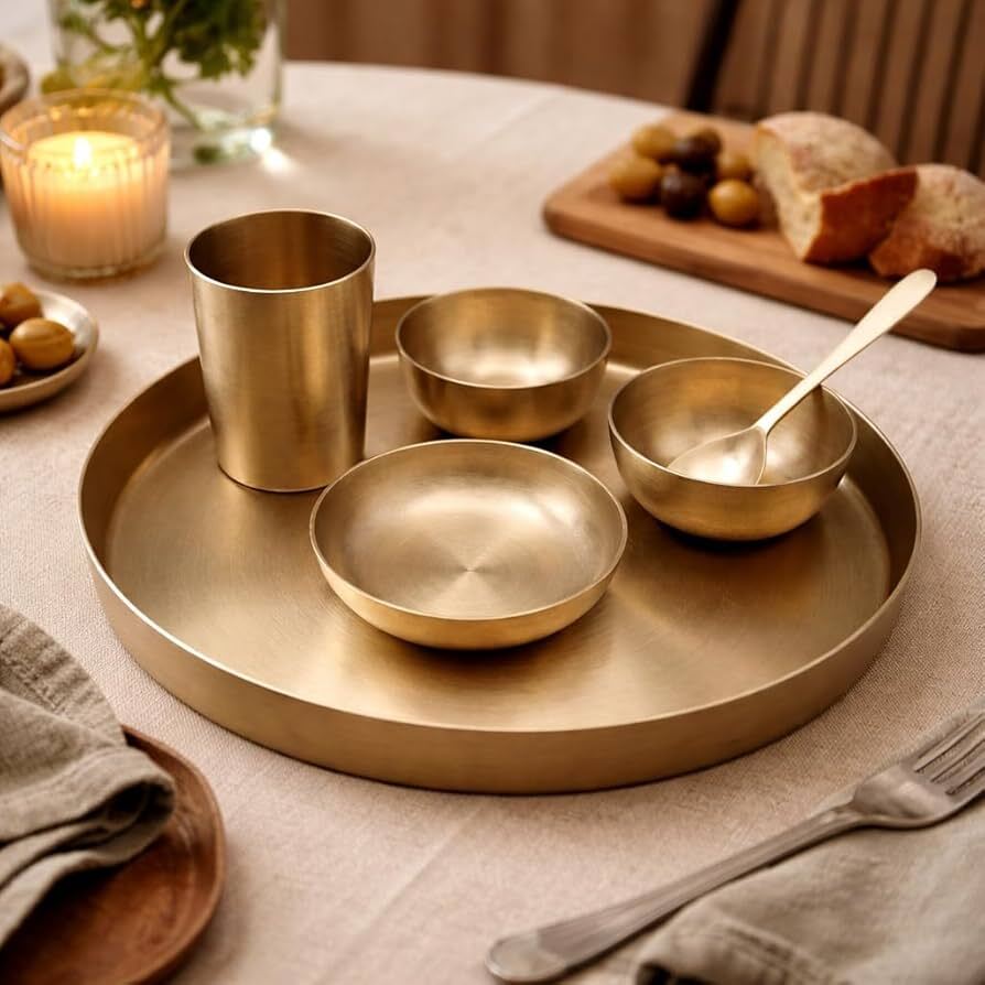 Kansa Thali Dinner Set - Bronze Alloy, 12-13 Inch Round, Golden Matte Finish | Handcrafted, Corrosion Resistant, Complete Indian Meal Set