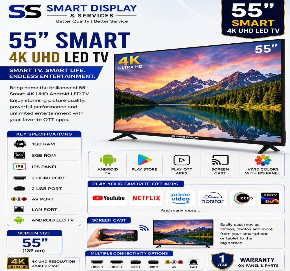 55 Inch Smart 4K Led Tv - Color: Black
