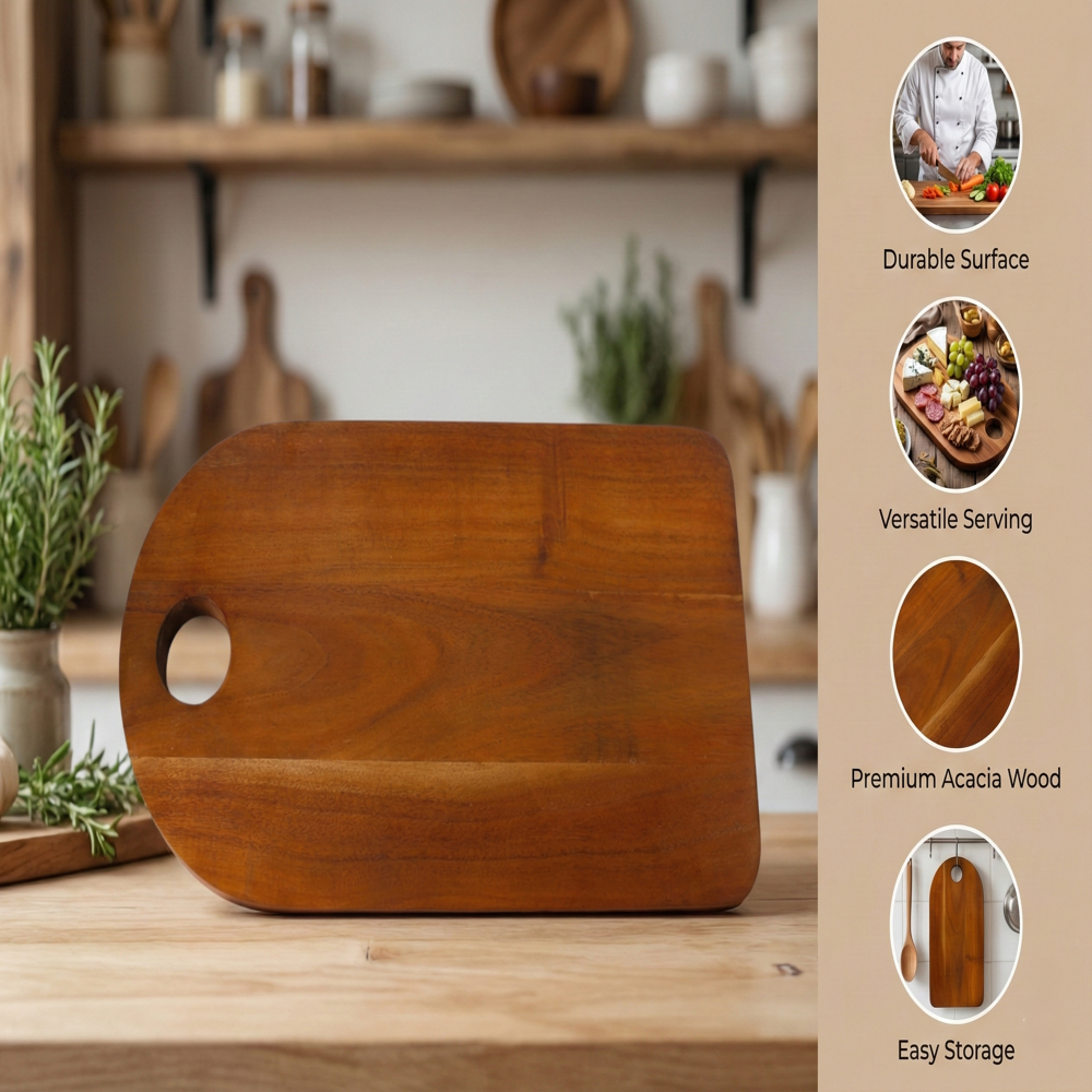 Acacia Wood U Shape Chopping Board with Handle | 15x9.5x0.16-inch Wooden Cutting Board for Kitchen