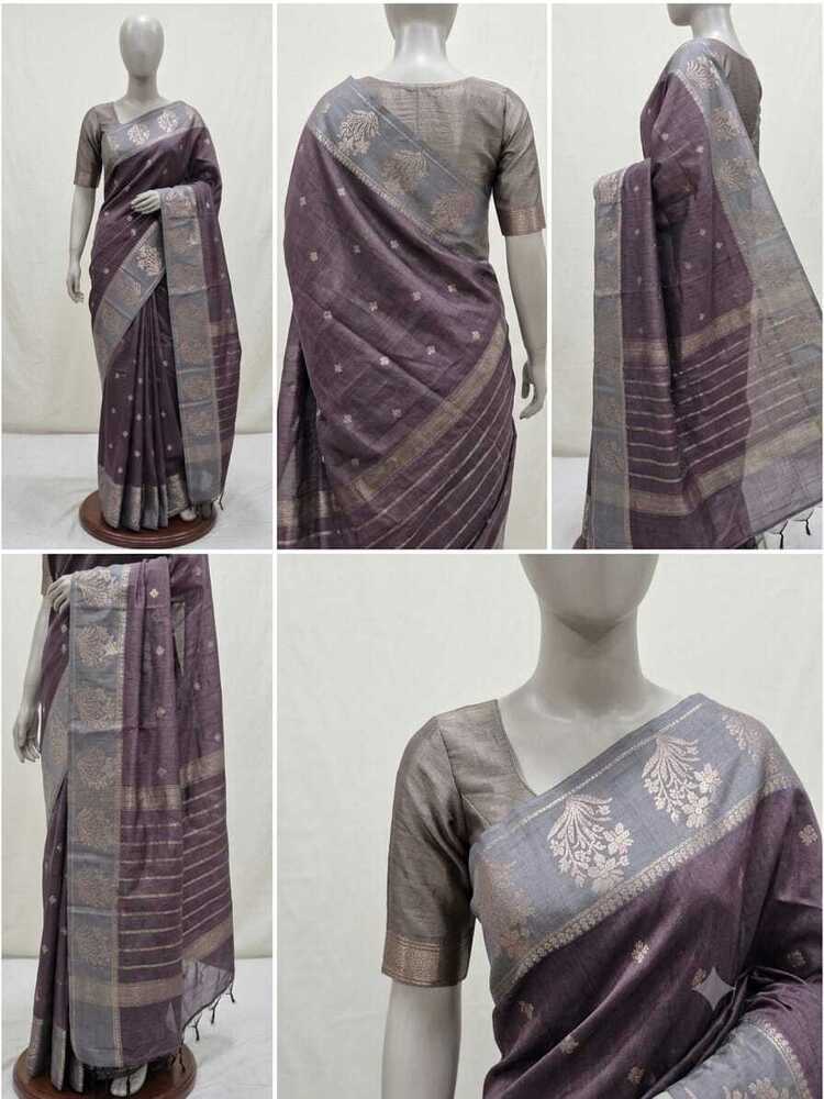 Mixed Cotton Saree with Silver Zari Border & Fringed Pallu