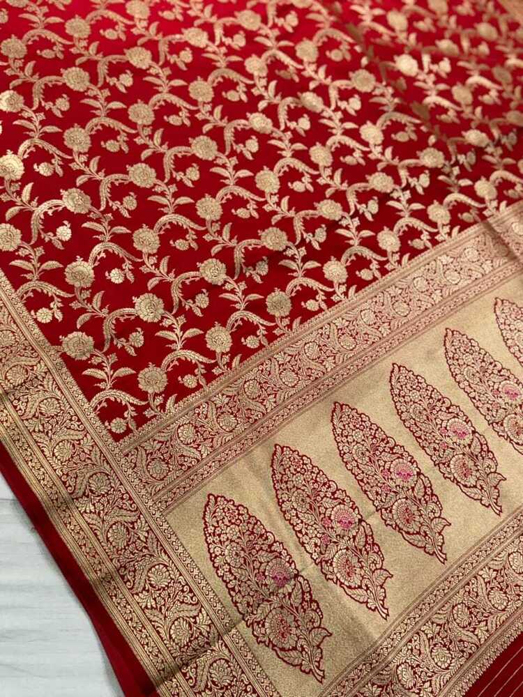 Satin saree with curved flower patter and meena aanchal