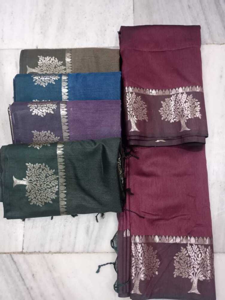 Plain Silk Saree with Tree Motif Border