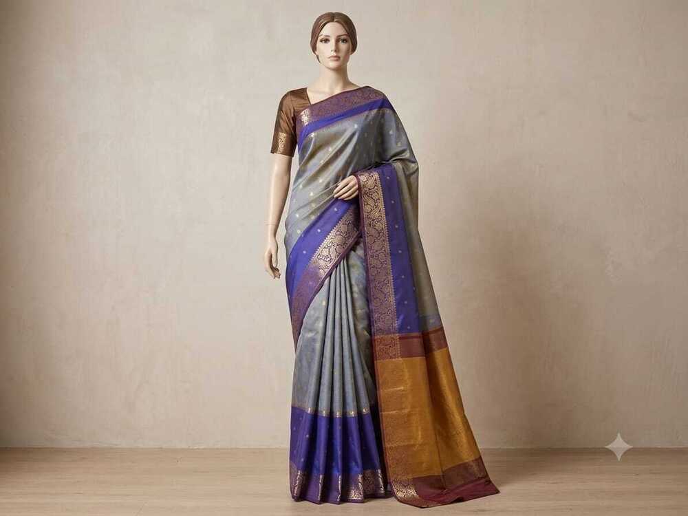 Pure triple colour saree with pure zari kanchivaram pattern