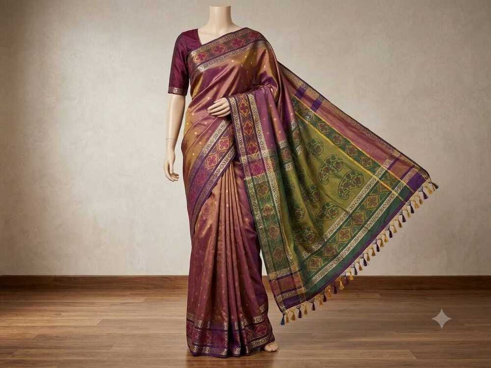 Pure Banaras Silk Saree with Dual Tone Floral Weaving