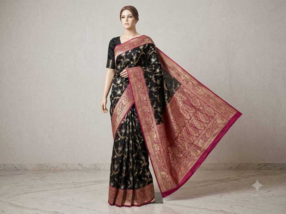 Pure Banarasi Khaddi Georgette saree with rich zari woven border and contrast blouse