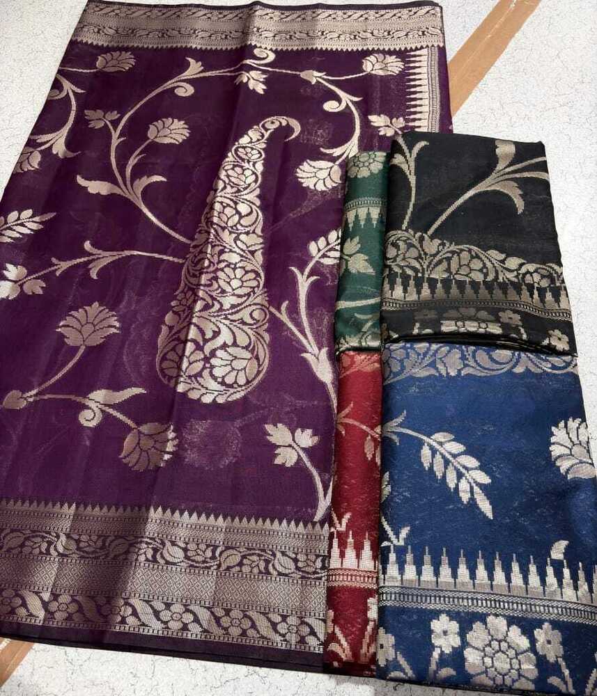 Dark colour soft fabric saree with silver and golden zari woven floral design