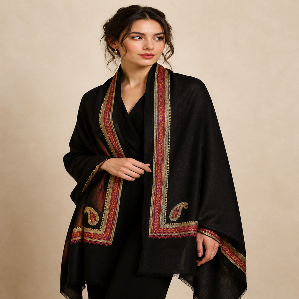 Pure wool Zari Resham embroidered border stole