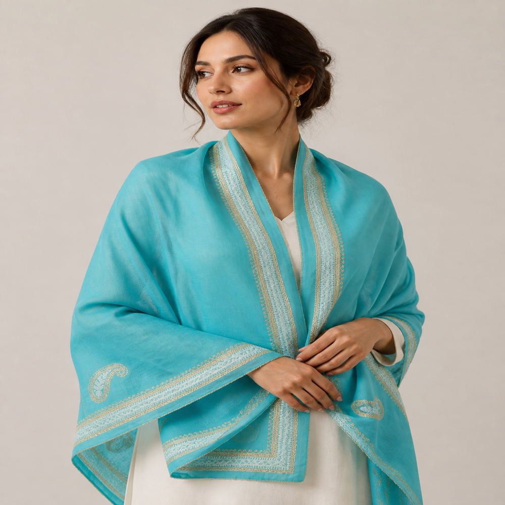 Pure wool Zari Resham embroidered border stole