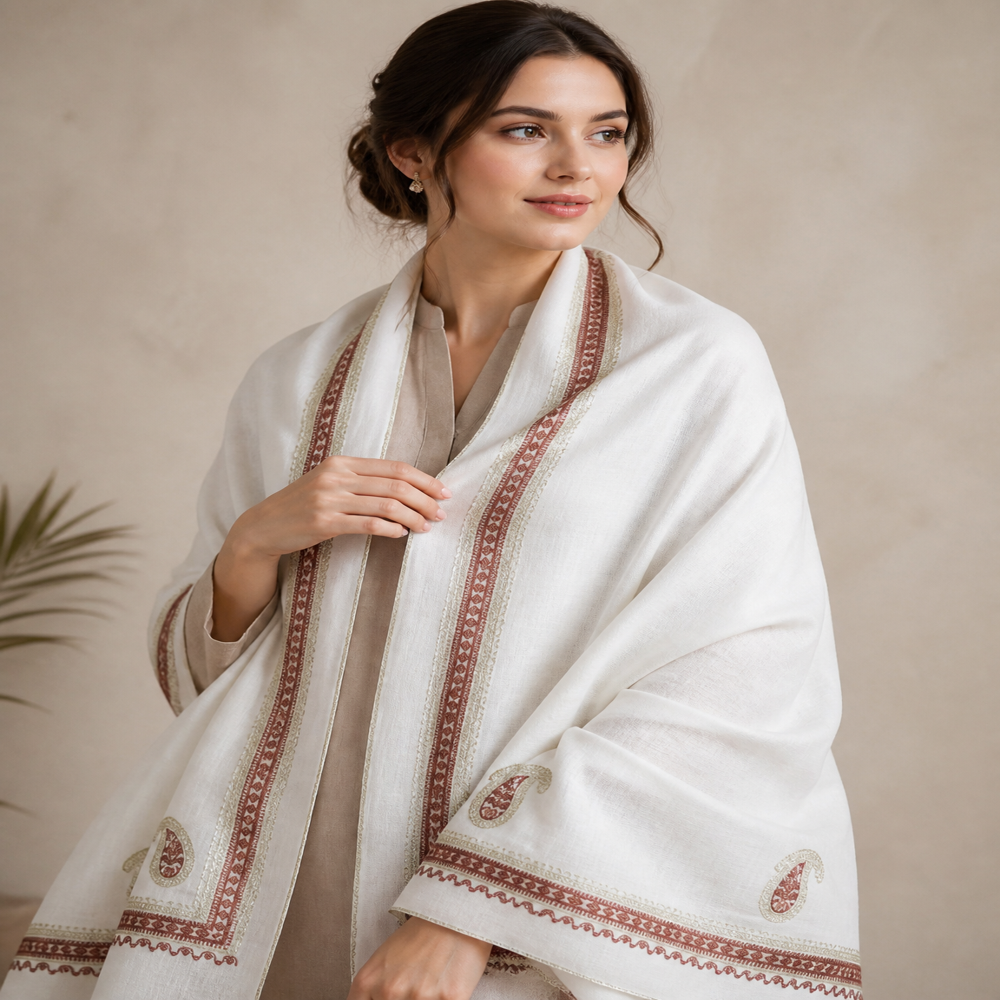 Pure wool Zari Resham embroidered border stole