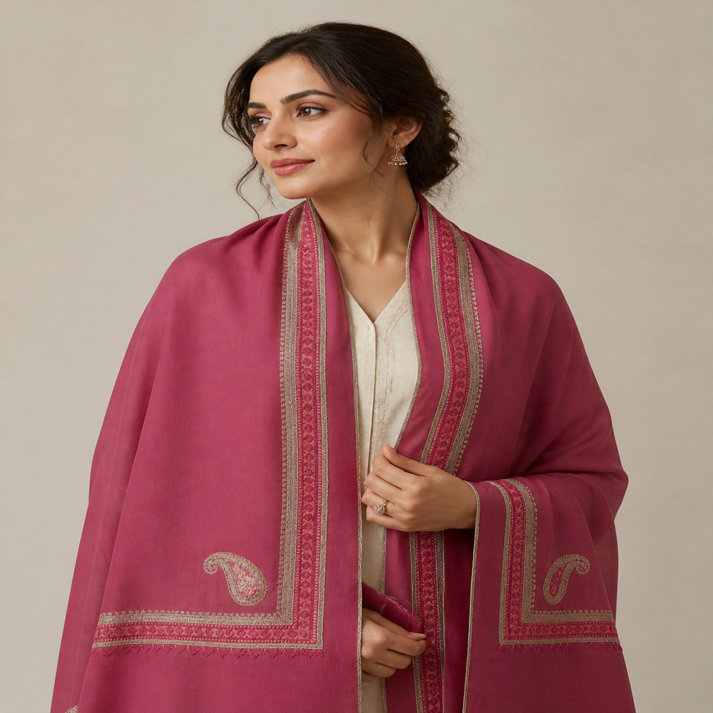 Pure wool Zari Resham embroidered border stole
