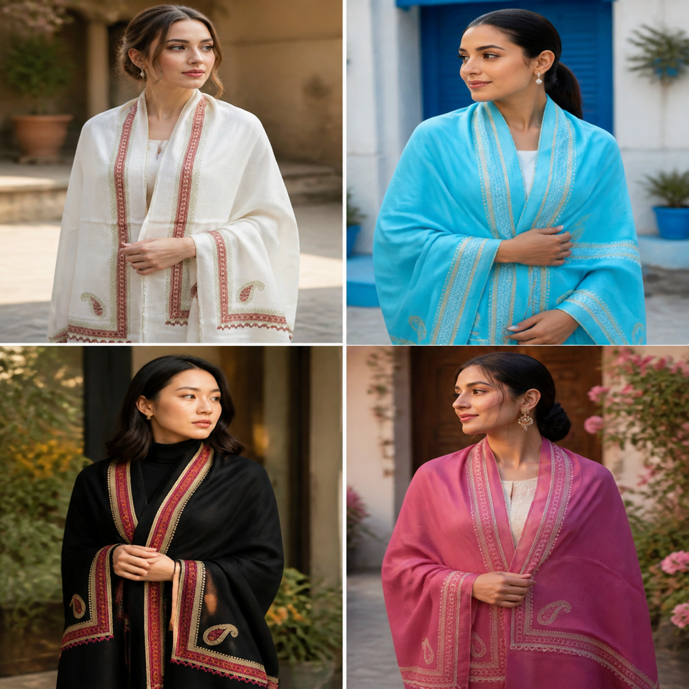 Pure wool Zari Resham embroidered border stole