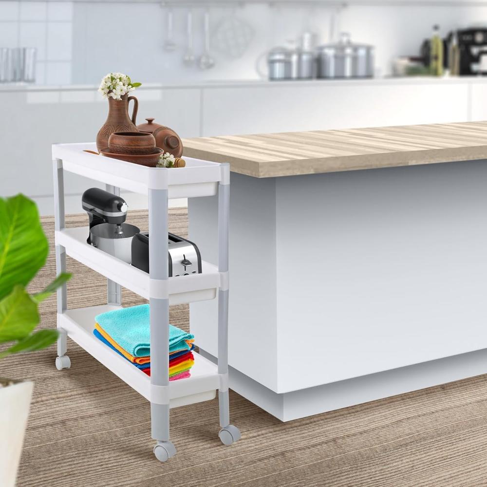 Nayasa Slim Trolley 3 Layers | Kitchen Organizer | Multipurpose | Pantry Storage Organizer | Bathroom Storage | Trolley With Wheels | White - Color: Multicolor