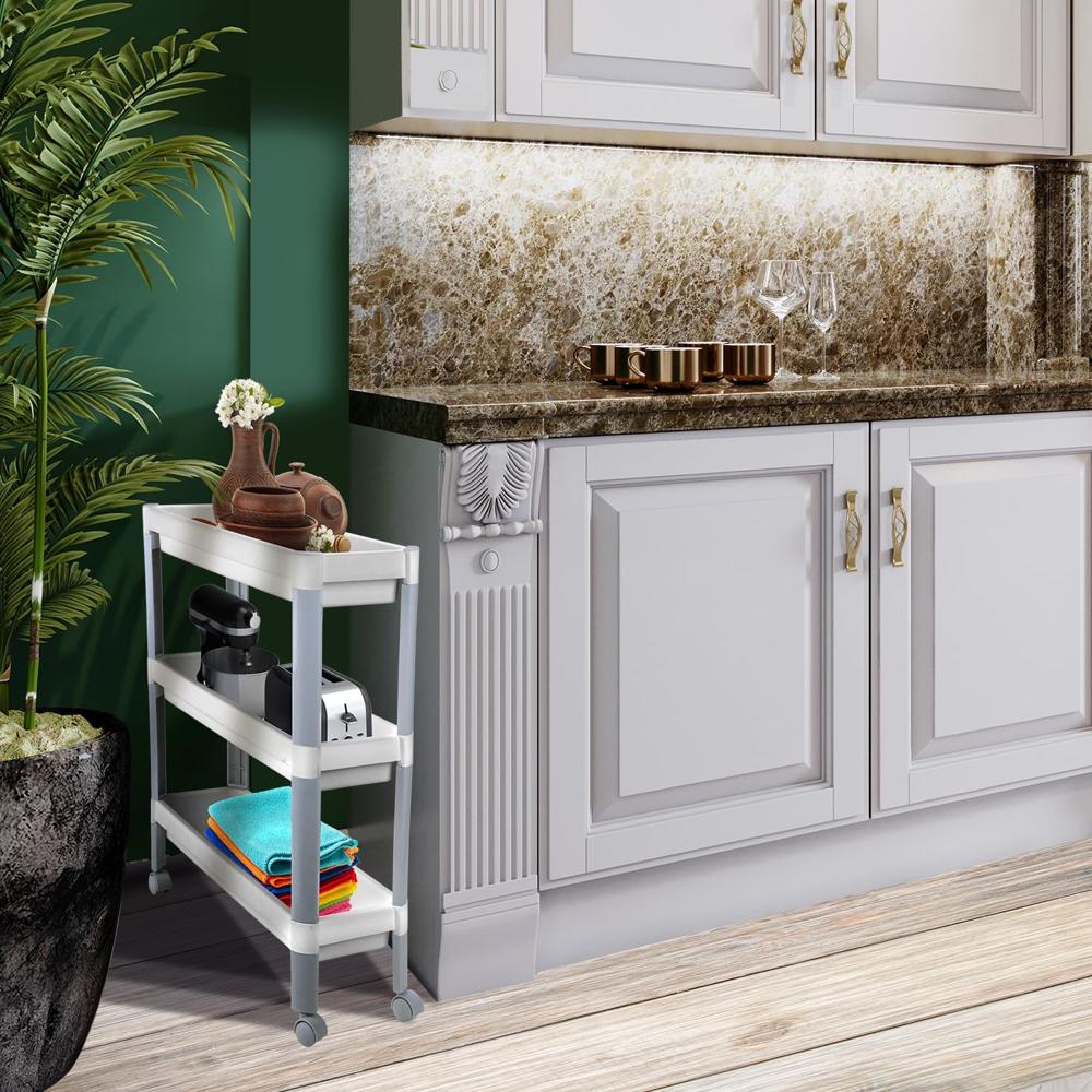 Nayasa Slim Trolley 3 Layers | Kitchen Organizer | Multipurpose | Pantry Storage Organizer | Bathroom Storage | Trolley with Wheels | White
