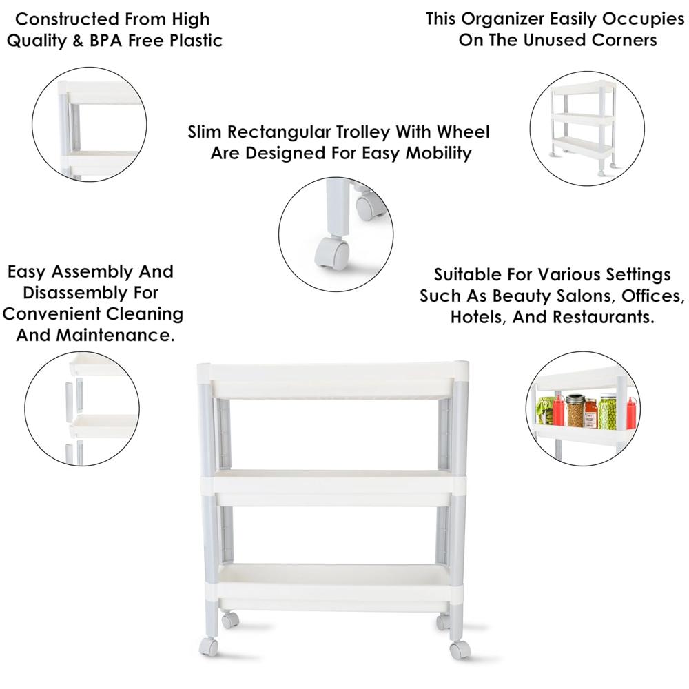 Nayasa Slim Trolley 3 Layers | Kitchen Organizer | Multipurpose | Pantry Storage Organizer | Bathroom Storage | Trolley with Wheels | White