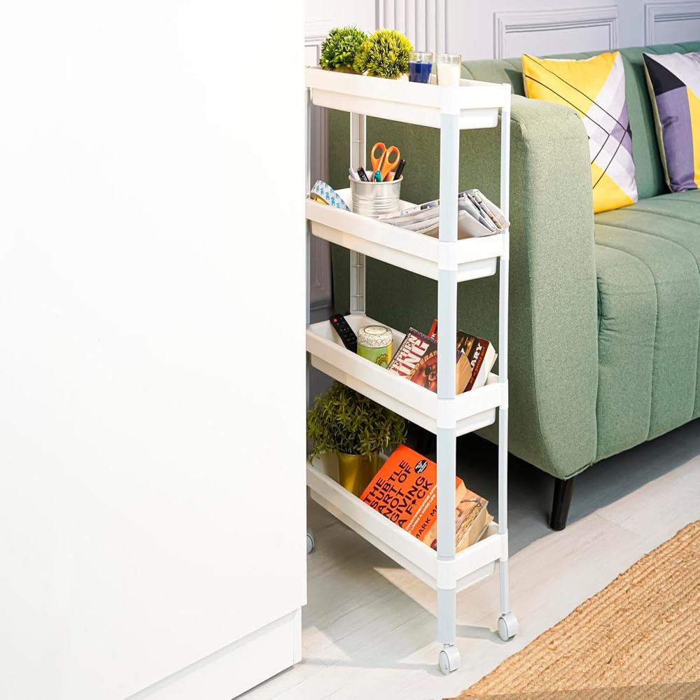 Nayasa Slim Trolley 4 Layers | Kitchen Organizer | Multipurpose | Pantry Storage Organizer | Bathroom Storage | Trolley With Wheels | White - Handle Type: Na