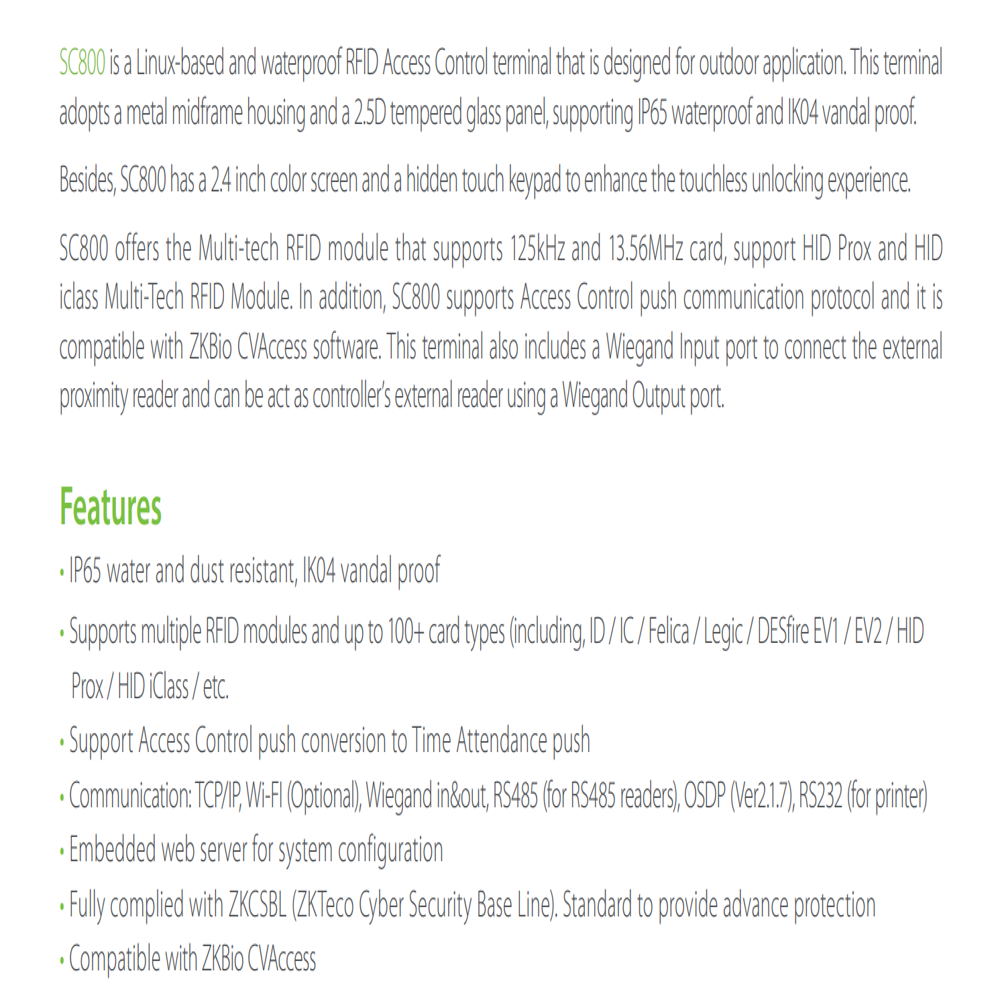 Zkteco Sc800 - Data Capacity: 50