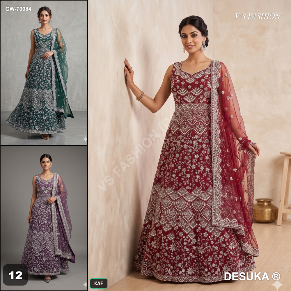 Designer Beads Work Festible Gown - Color: Red