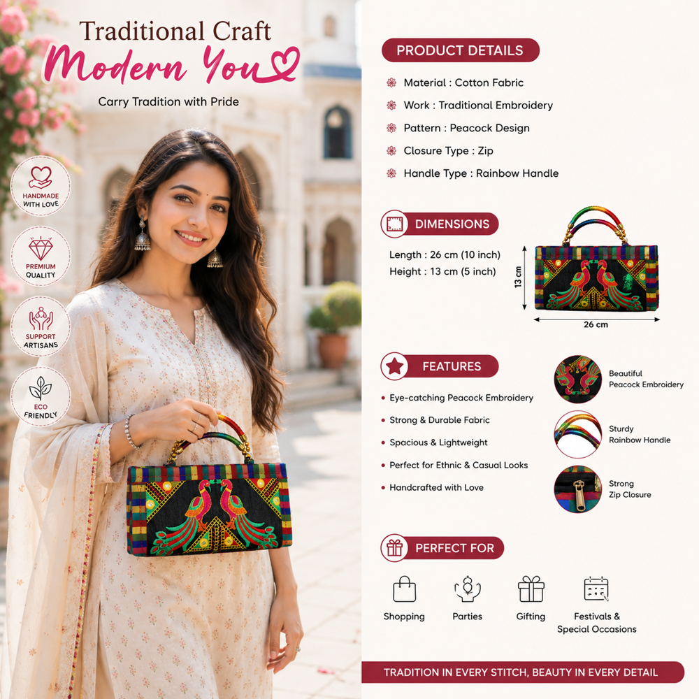 Ethnic Peacock Embroidered Clutch For Ladies 7 - Color: Black