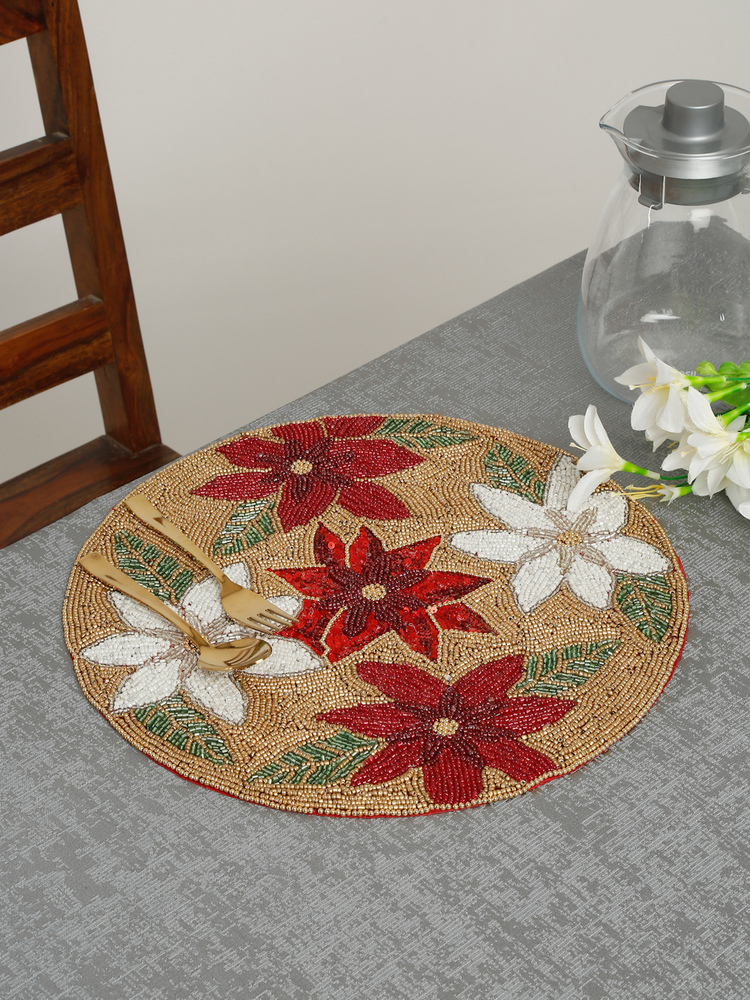 Poinsettia Beaded Round Placemat