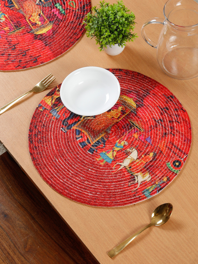 Royal Red Elephant Printed Round Braided Placemat