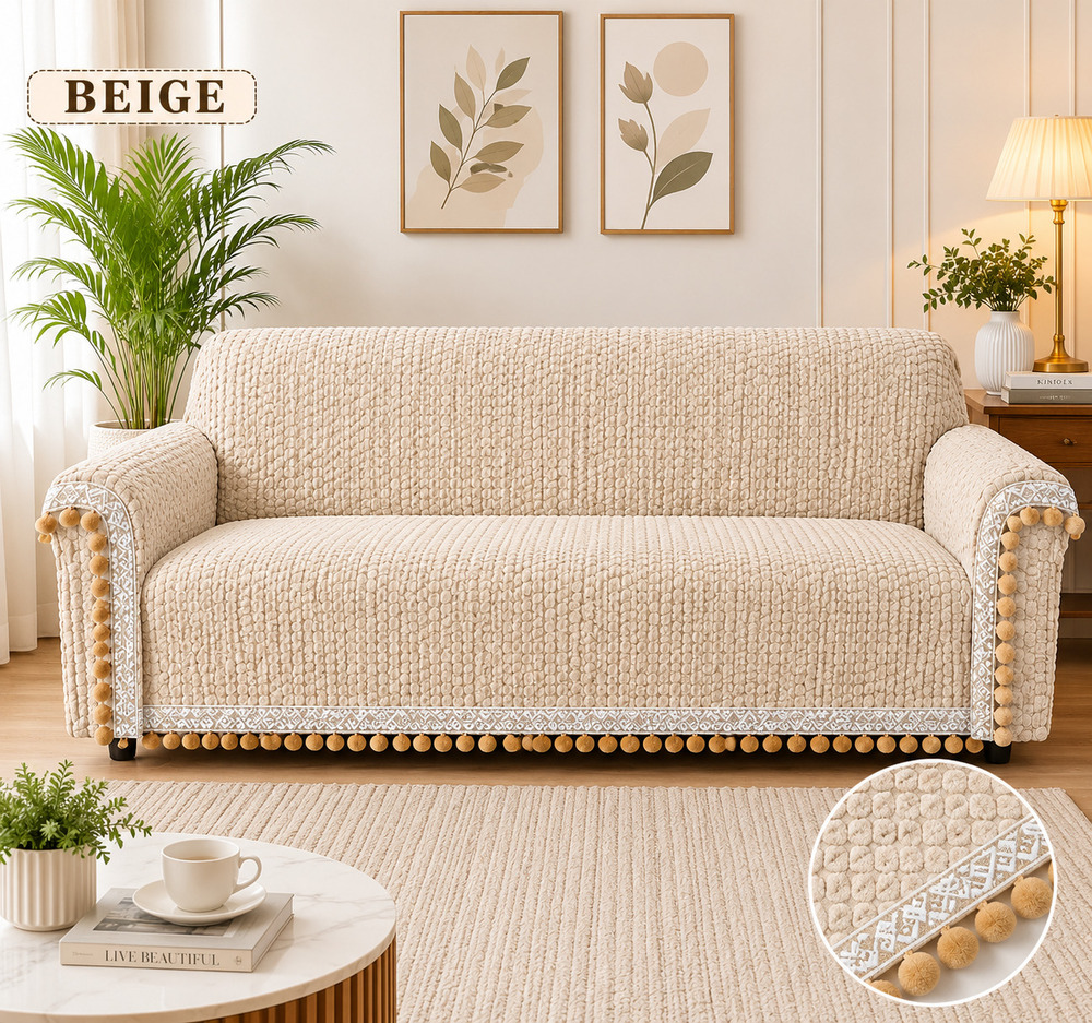 Beige Textured Pom Pom Sofa Cover