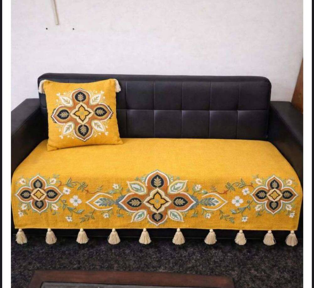 Yellow Ethnic Tassel Sofa Cover