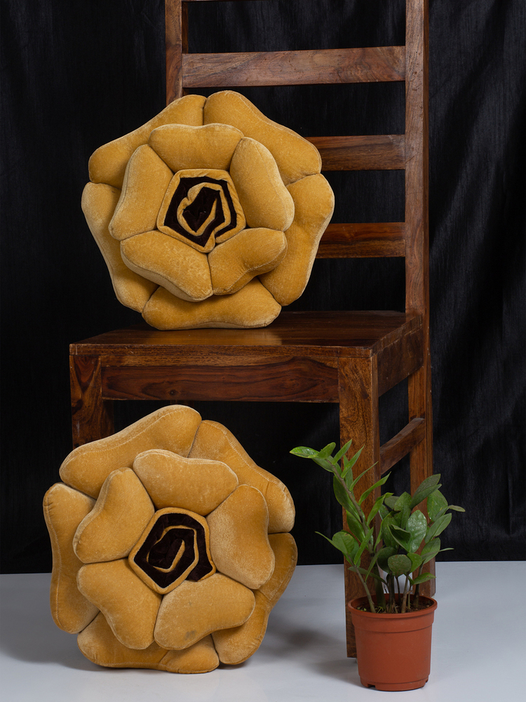 Mustard Velvet Flower Cushion