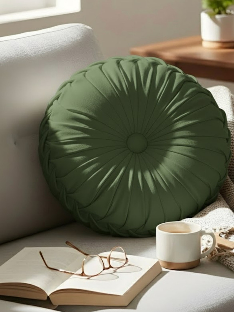 Olive Round Pleated Velvet Cushion